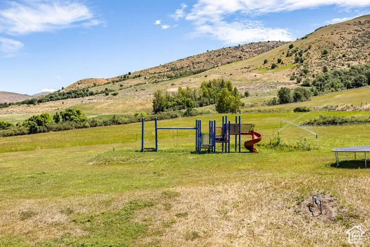 Expansive lawn area featuring a vibrant playset with slide and swing frame