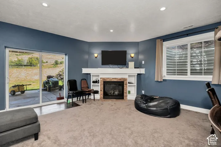 Spacious room featuring a fireplace with a stone surround and white mantel, built-in shelving, recessed lighting, and a sliding glass door leading to the exterior