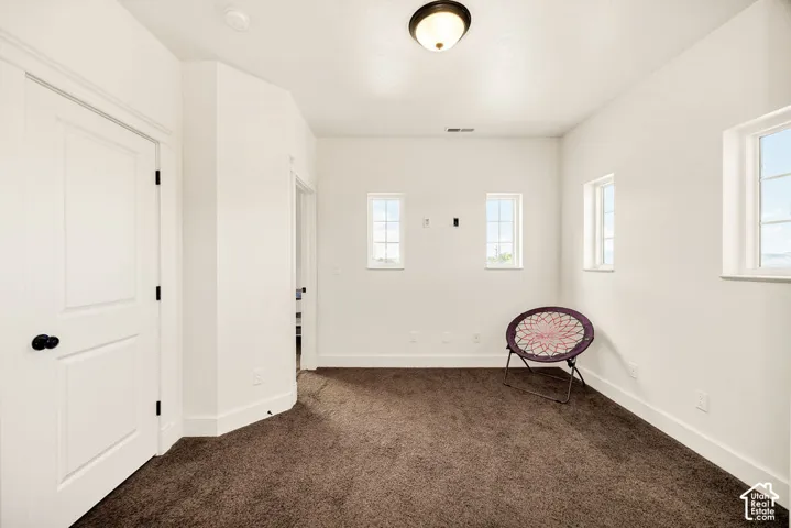 Bright interior space featuring plush brown carpeting and white painted walls