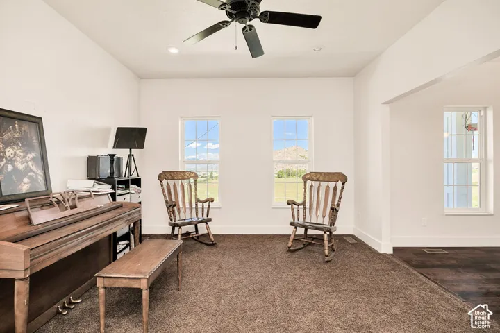 Spacious room featuring neutral carpet flooring, recessed lighting, and a ceiling fan