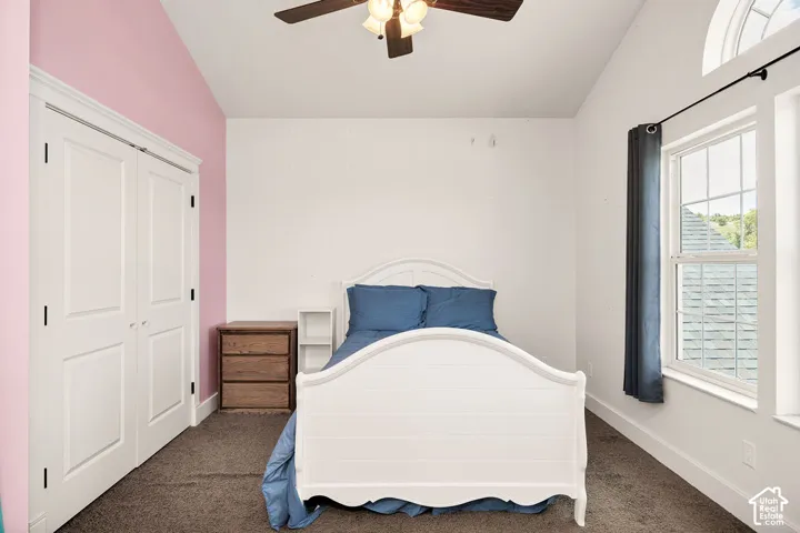 Carpeted room featuring a ceiling fan, a window with arched transom, and a double-door closet with white paneled doors
