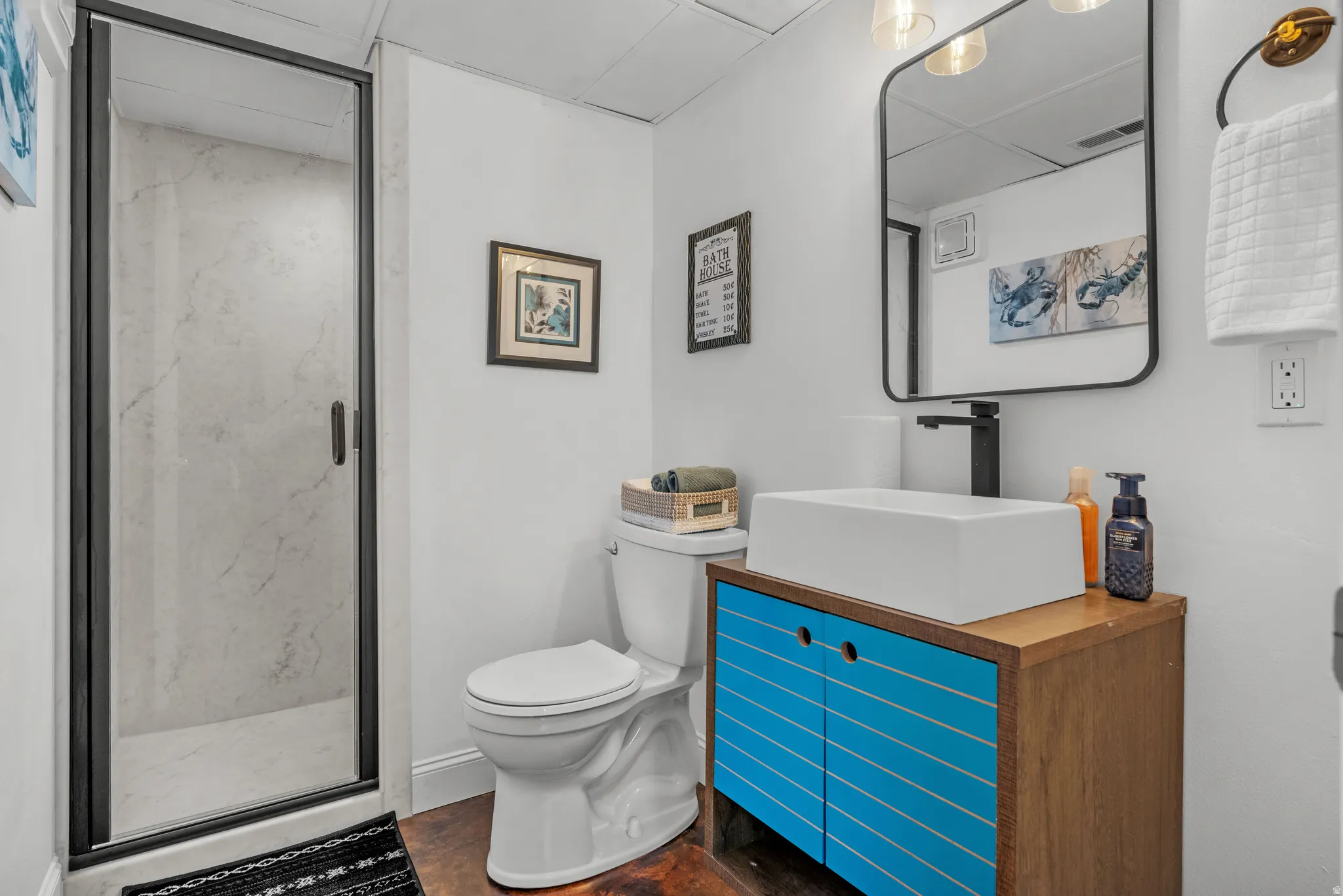 Bathroom with cultured marble shower and vanity