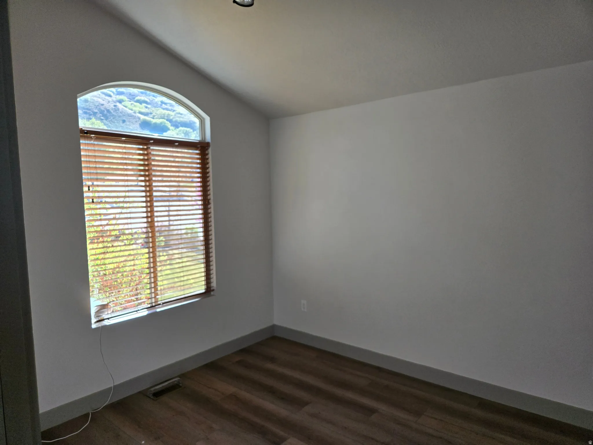 Unfurnished room with lofted ceiling and dark wood finished floors