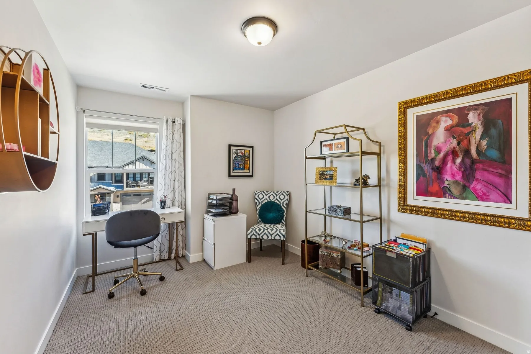 Office featuring light carpet and baseboards