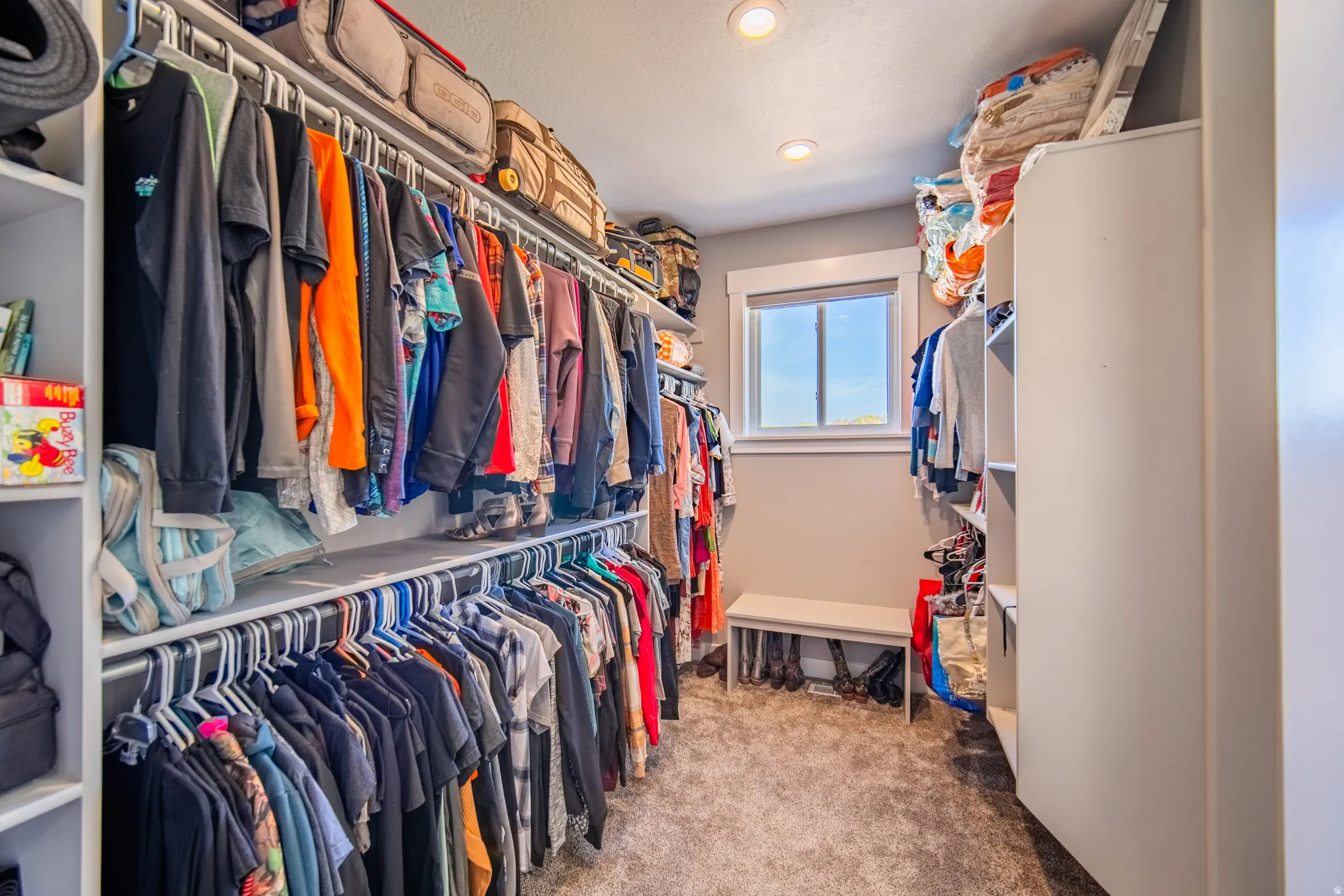One of two primary bedroom walk in closet with colored carpet