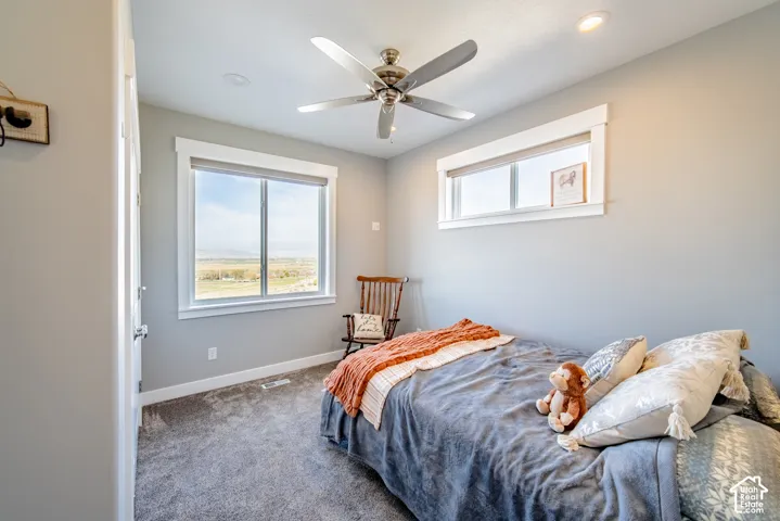 Bedroom with carpet and ceiling fan
