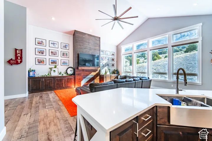 Kitchen featuring ceiling fan, dark wood finish cabinets, wood-style flooring, open floor plan, and recessed lighting
