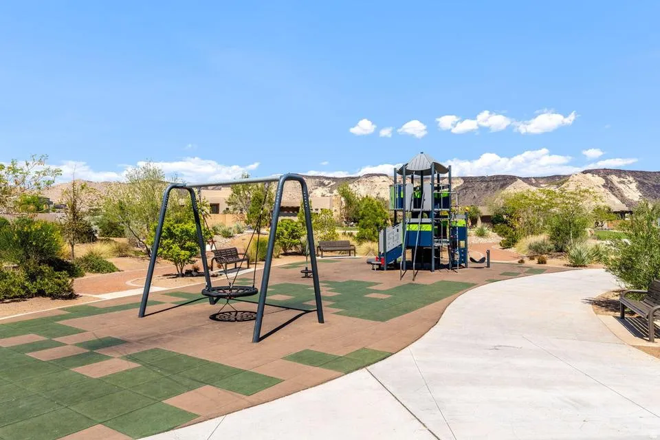 Community jungle gym featuring a mountain view