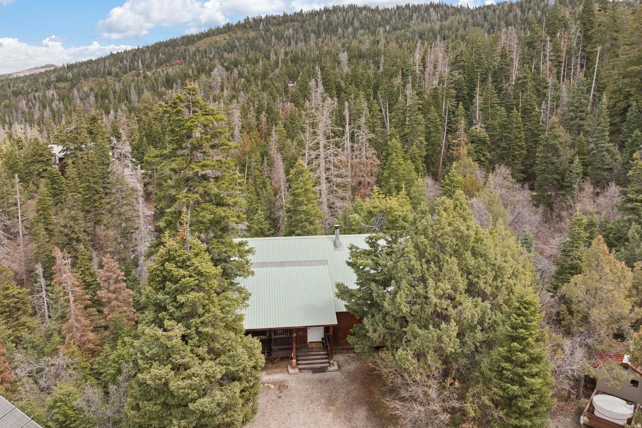 Cabin 2 - East; View from above of property featuring a heavily wooded area