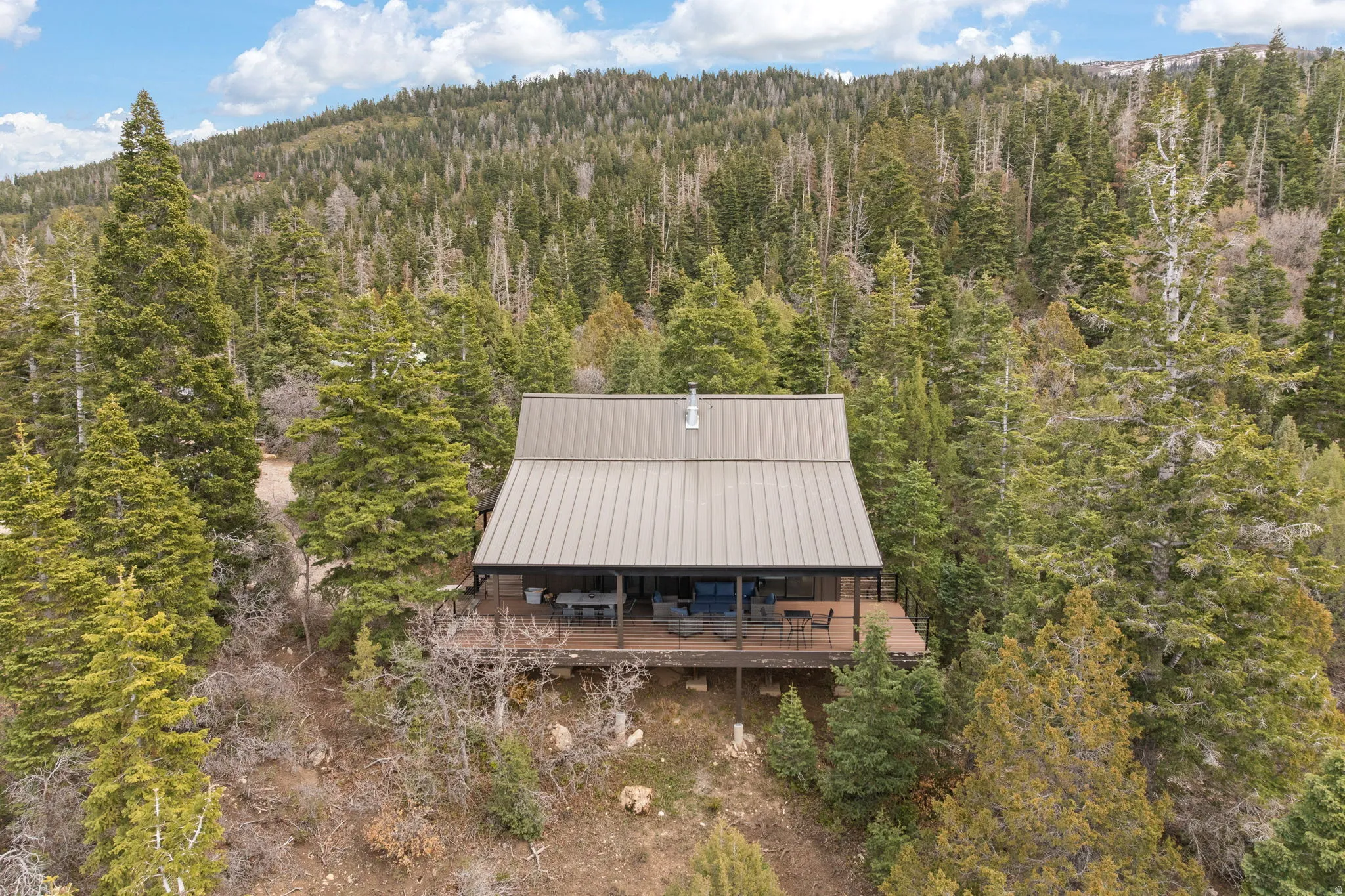 Cabin 1 - West; View from above of property featuring a heavily wooded area