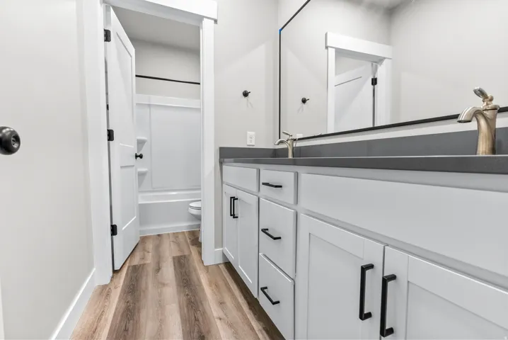 Full bath featuring light wood-style flooring, vanity, and shower / bath combination