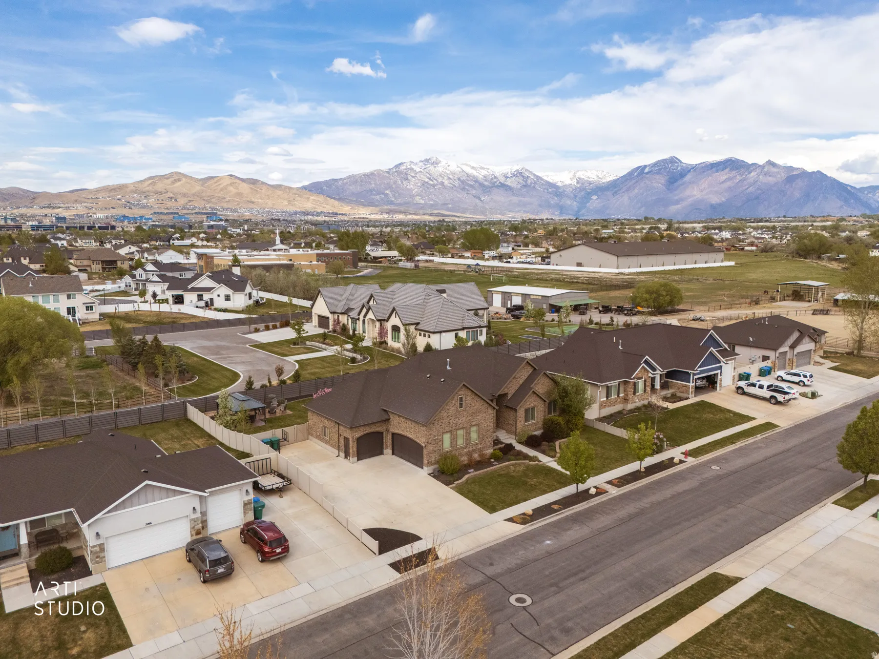 Aerial view of residential area with a mountainous background