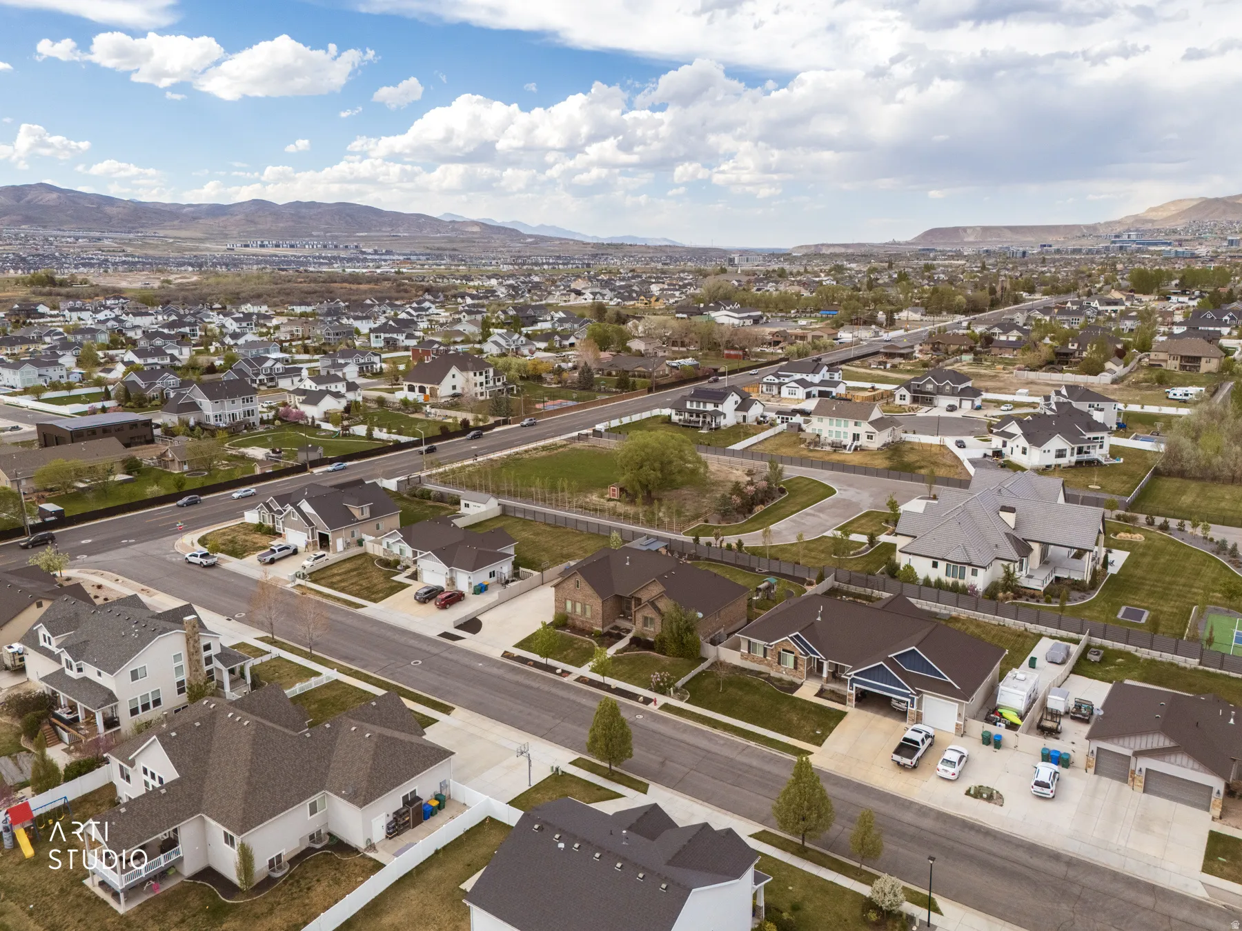 Aerial view of residential area with mountains