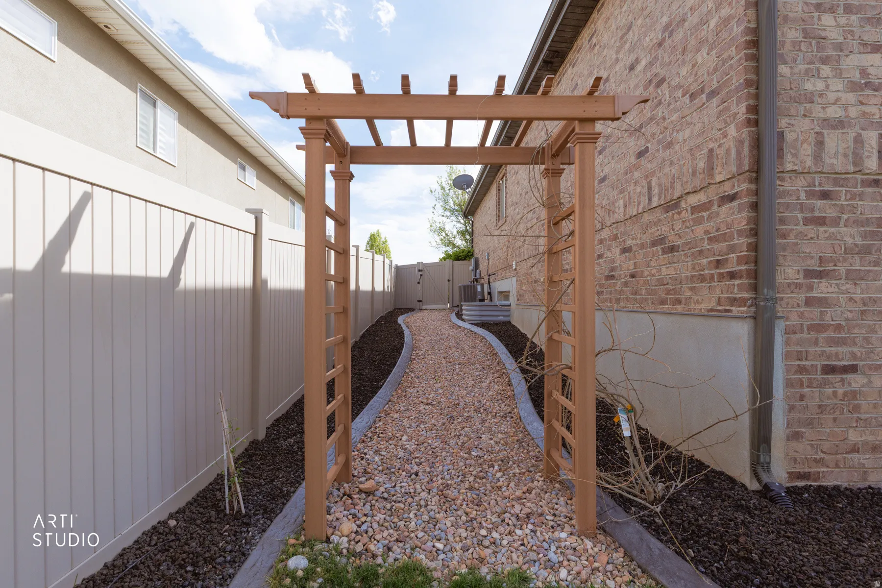 Fenced backyard featuring a gate