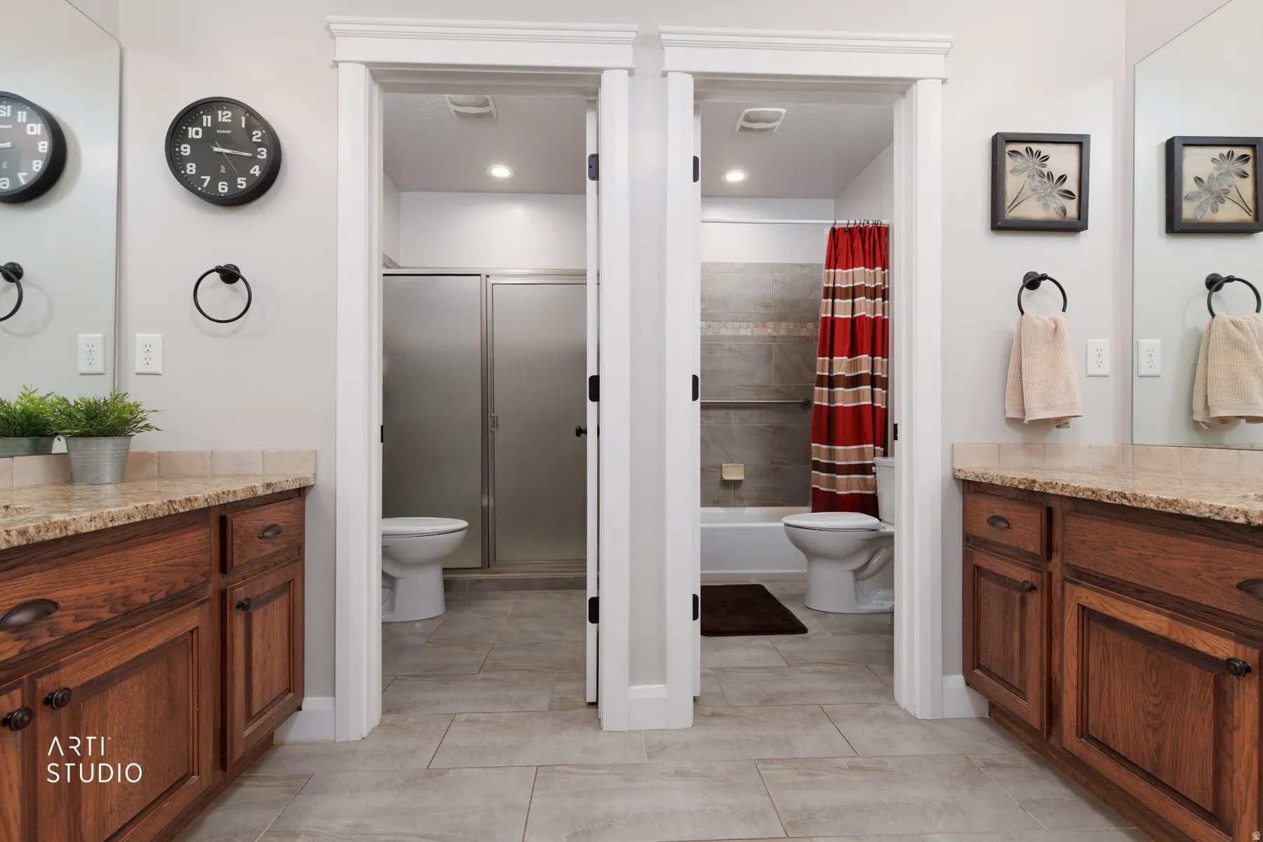 Full bath with vanity, light tile patterned flooring, shower / bathtub combination with curtain, and recessed lighting