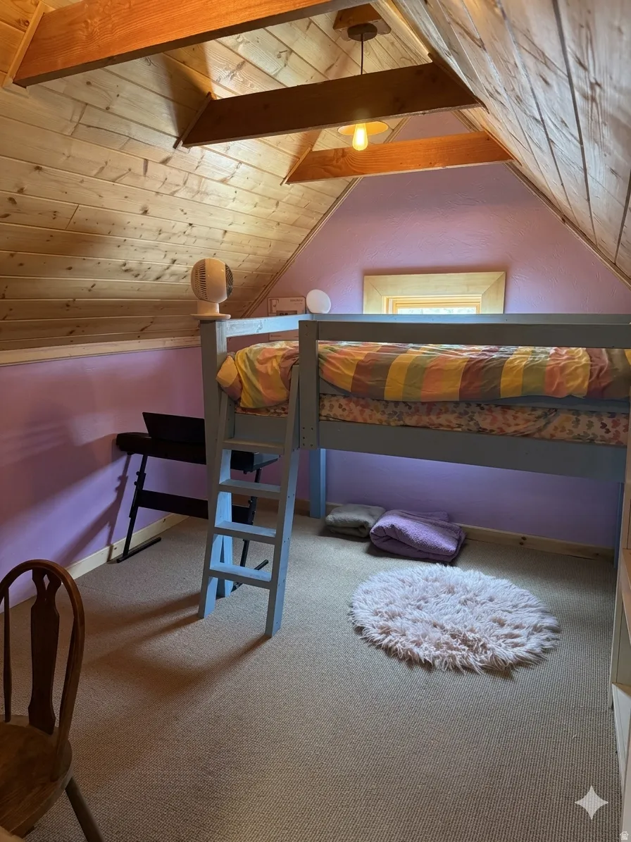 Bedroom with light colored carpet and wood ceiling