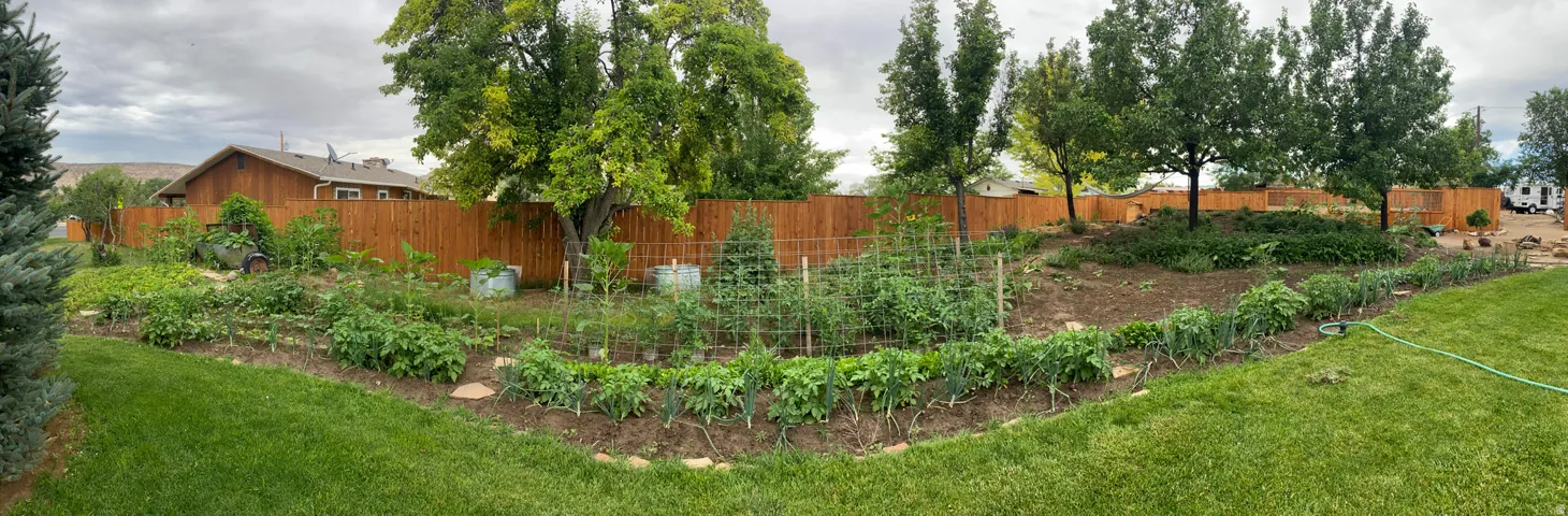 Fenced yard featuring a garden