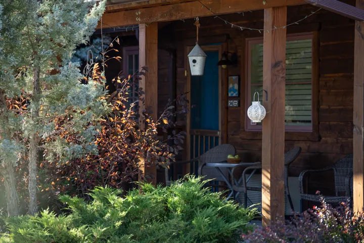 View of exterior entry with a porch