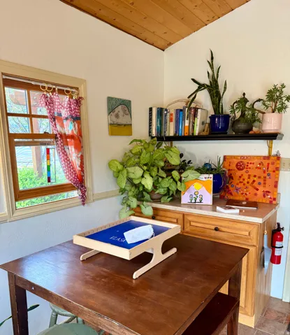 Dining room with wooden ceiling