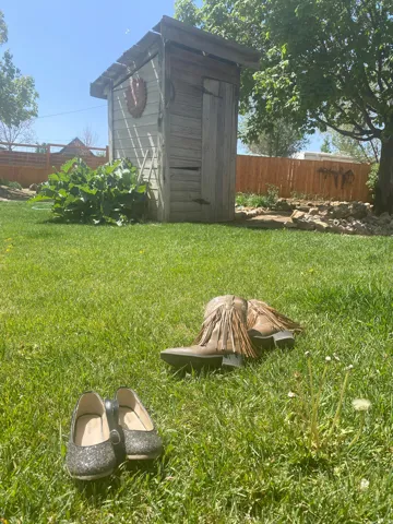 Fenced yard featuring a storage unit
