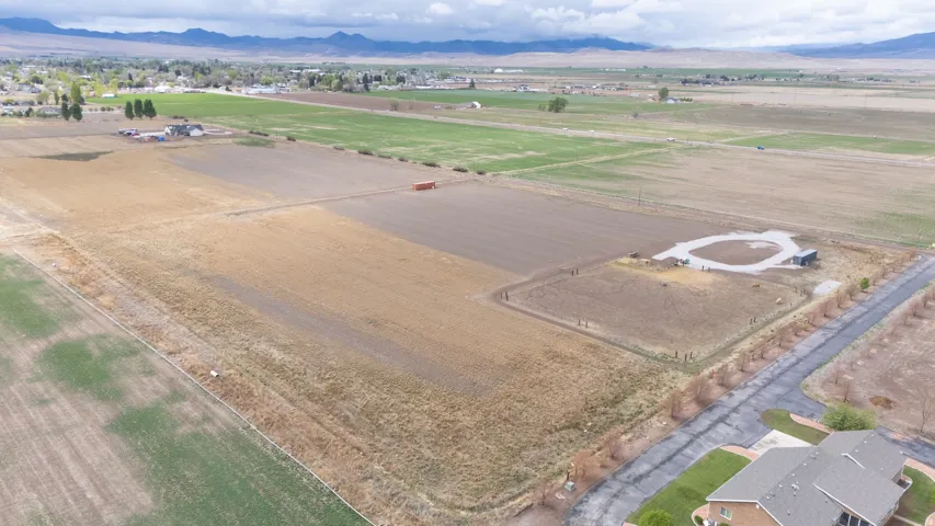 View of rural area with a mountain backdrop and rows of crops