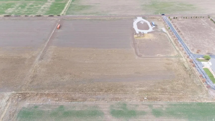Aerial view of sparsely populated area with extensive farmland