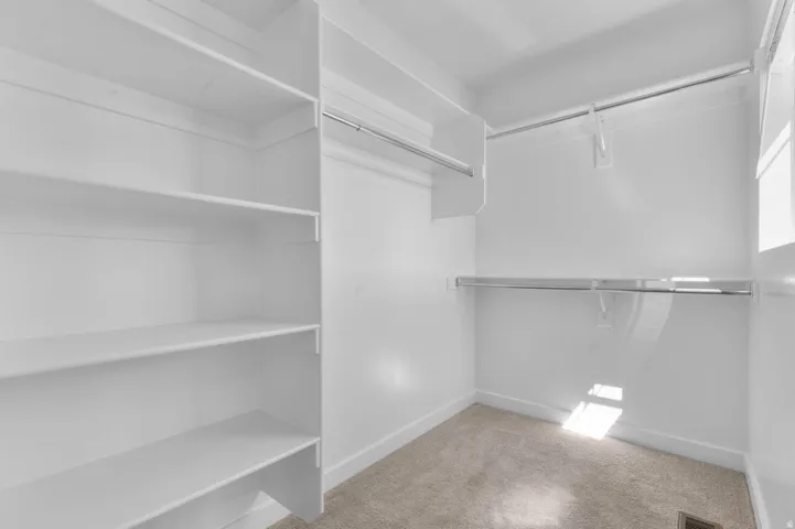 Walk in closet featuring light carpet