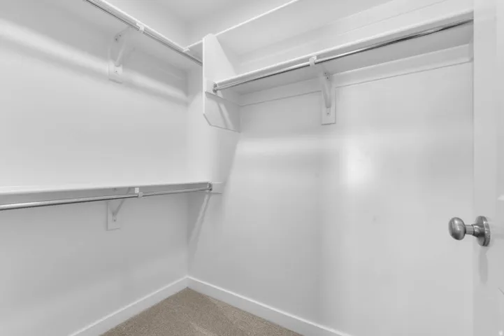 Walk in closet with light colored carpet