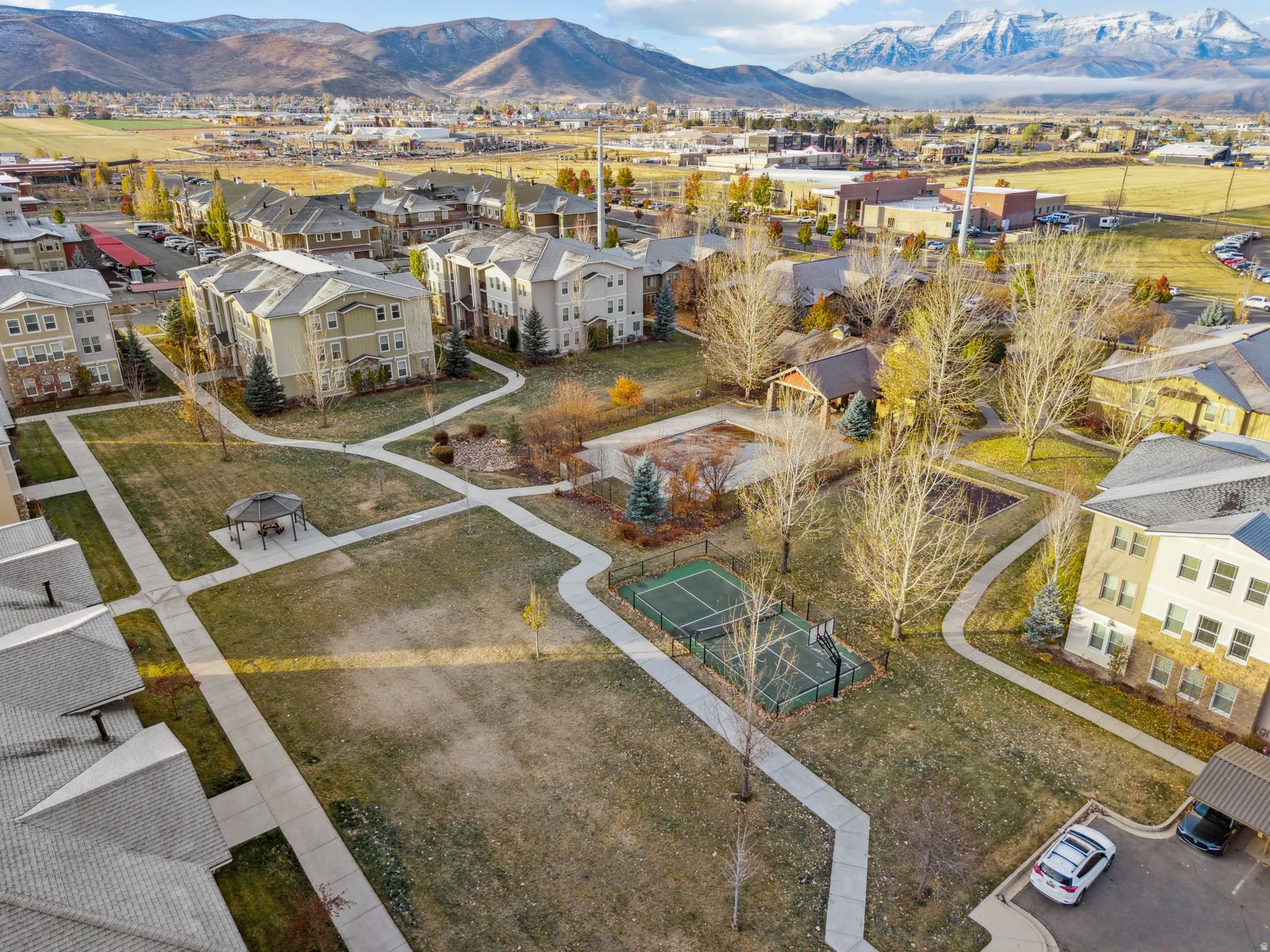 Aerial perspective of suburban area with mountains