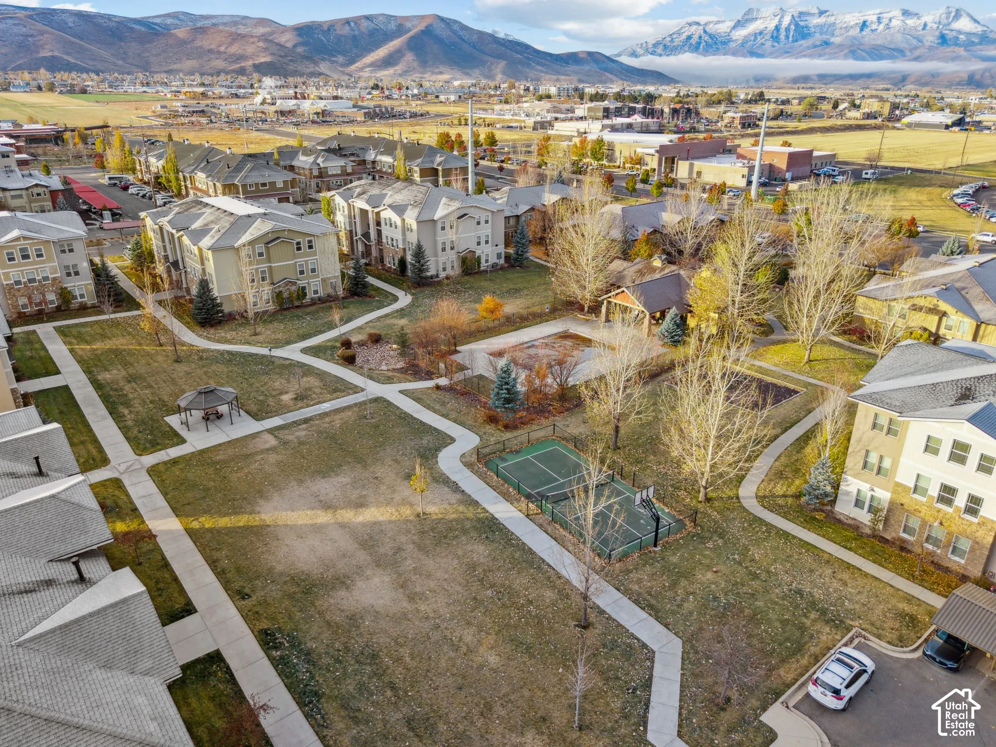 Aerial perspective of suburban area with mountains
