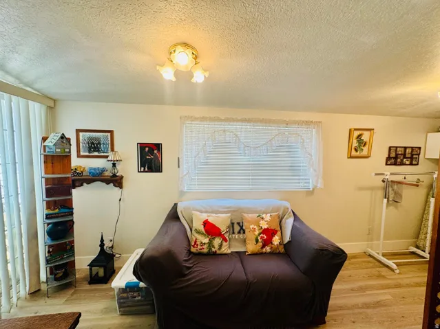 Sitting room featuring a textured ceiling and light wood-type flooring