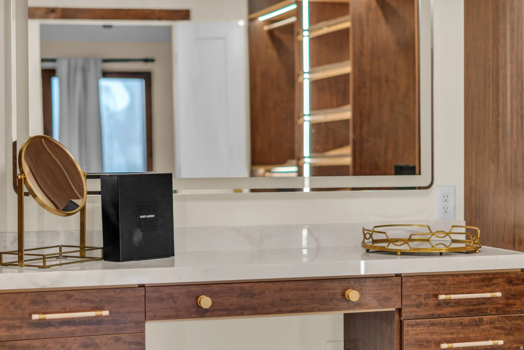 Kitchen view of light stone countertops