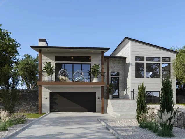 Contemporary home with a balcony, a chimney, a garage, and driveway