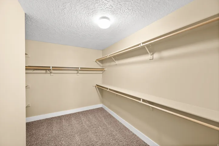 Walk in closet featuring dark colored carpet