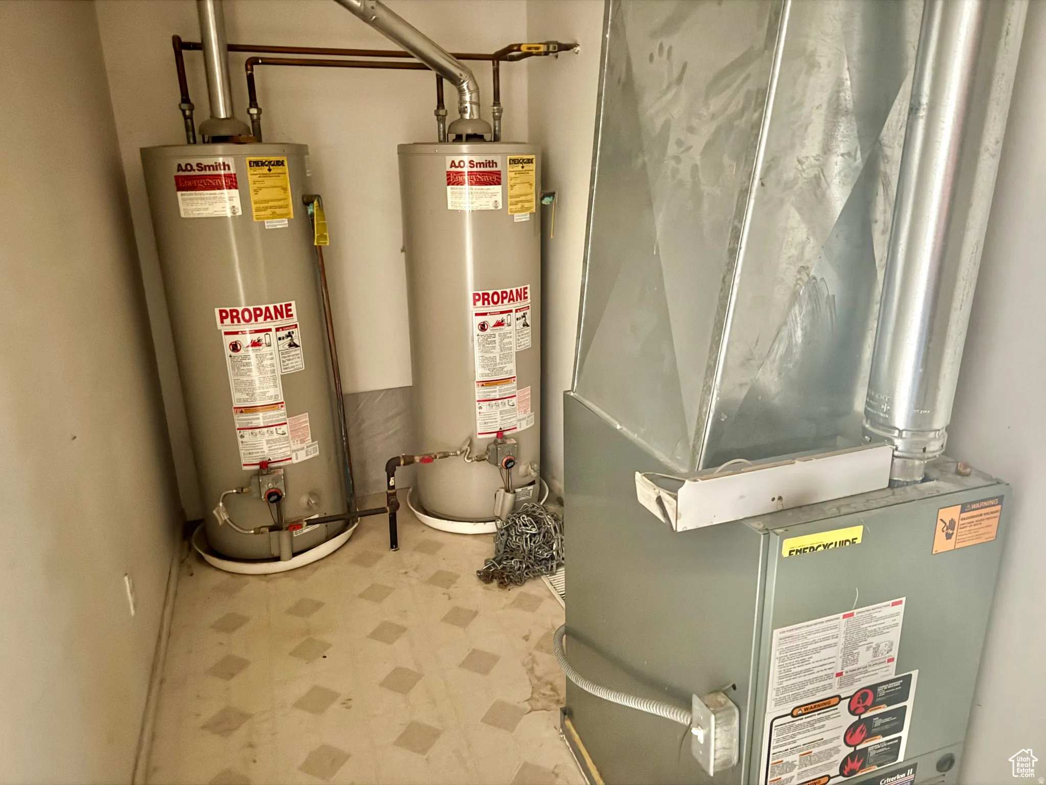 Utility room with water heater and heating unit