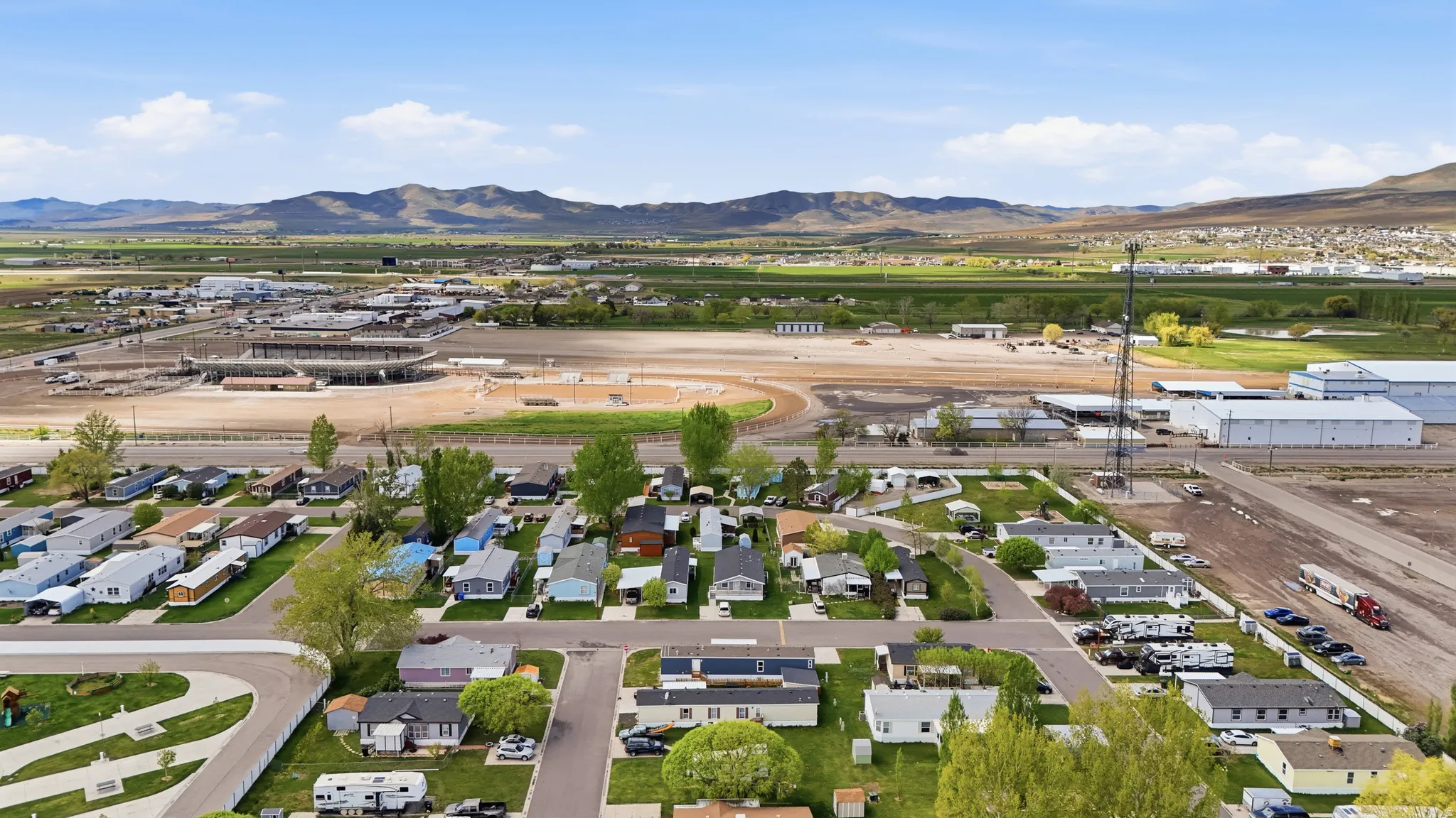 Aerial perspective of suburban area featuring mountains