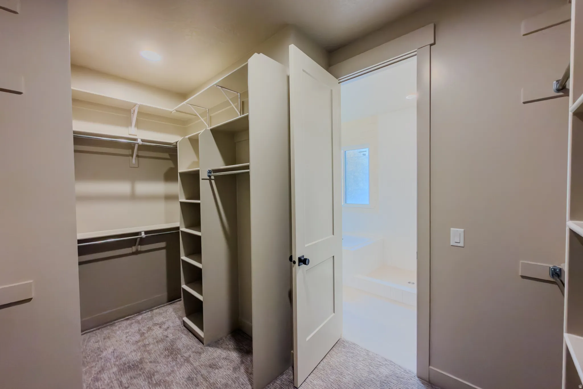 Walk in closet featuring light colored carpet