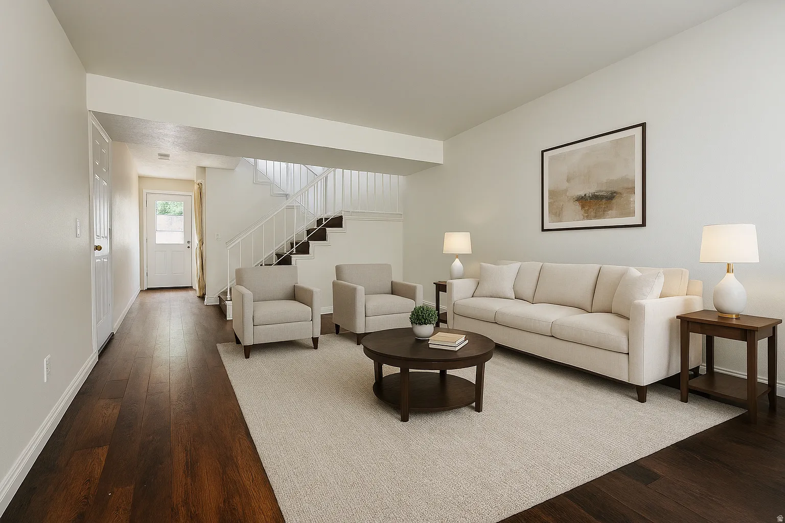 Living room featuring stairs and dark wood-type flooring