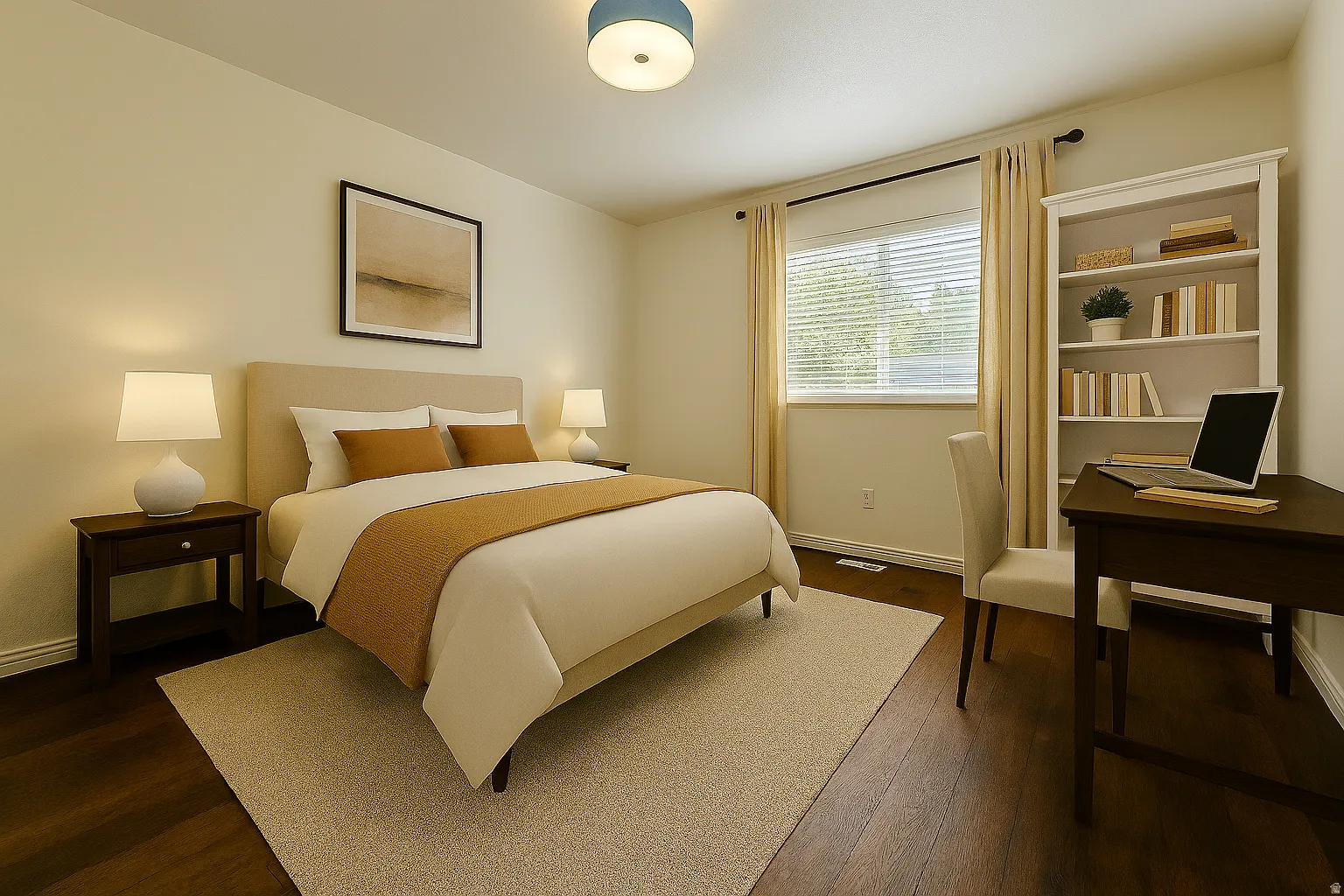Bedroom with dark wood-style floors and an office area