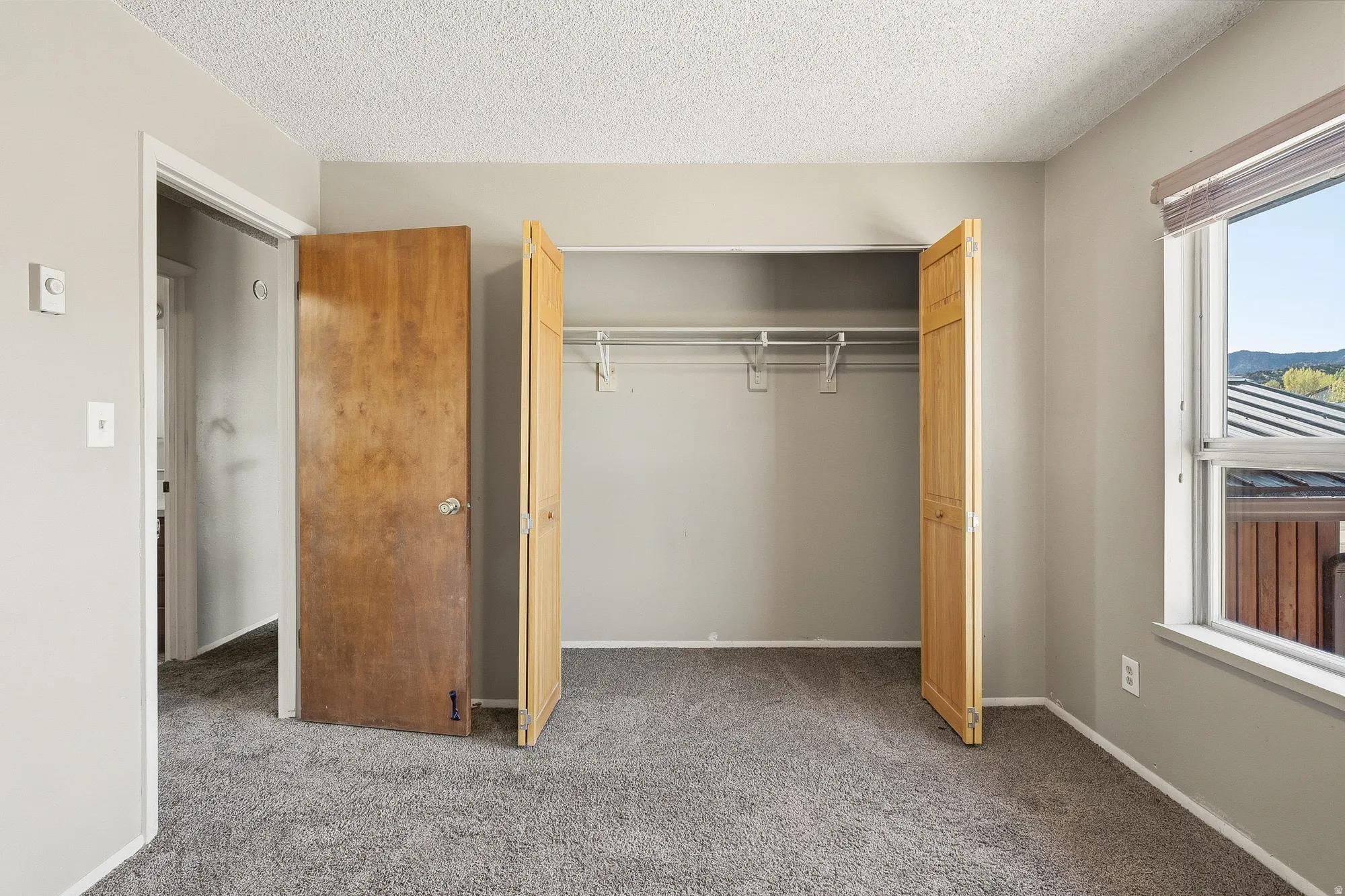 Unfurnished bedroom featuring carpet flooring, a textured ceiling, and a closet