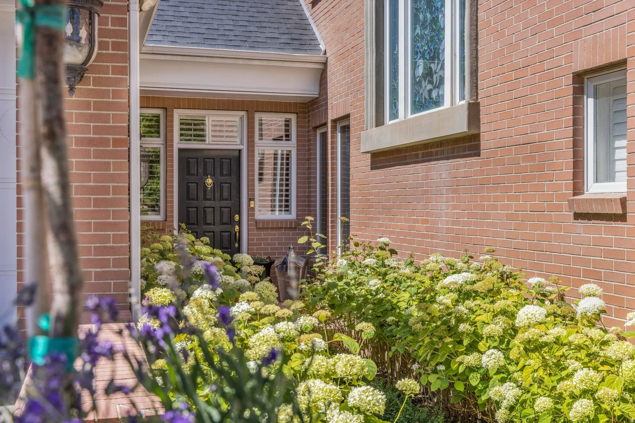 Side entry lined with blooming hydrangeas