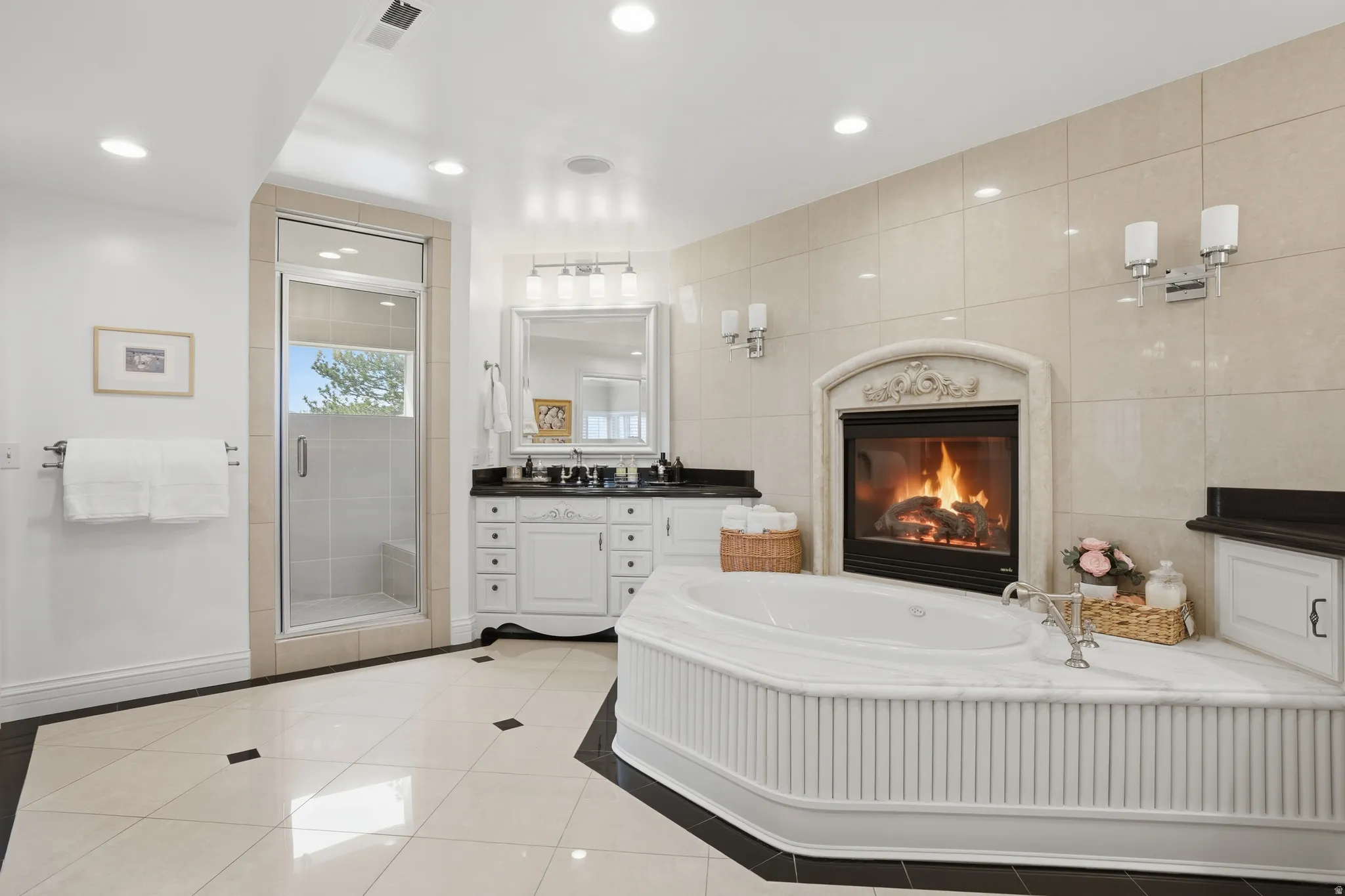 Primary bathroom with new Calcutta marble & fluted details