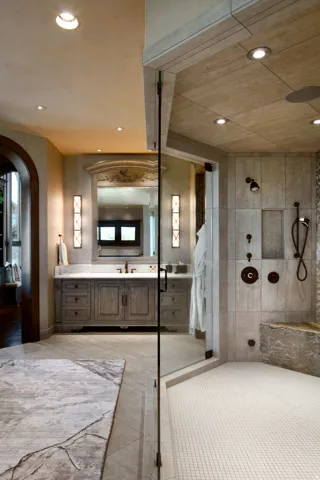 Full bathroom featuring vanity, a walk in shower, recessed lighting, and tile patterned floors