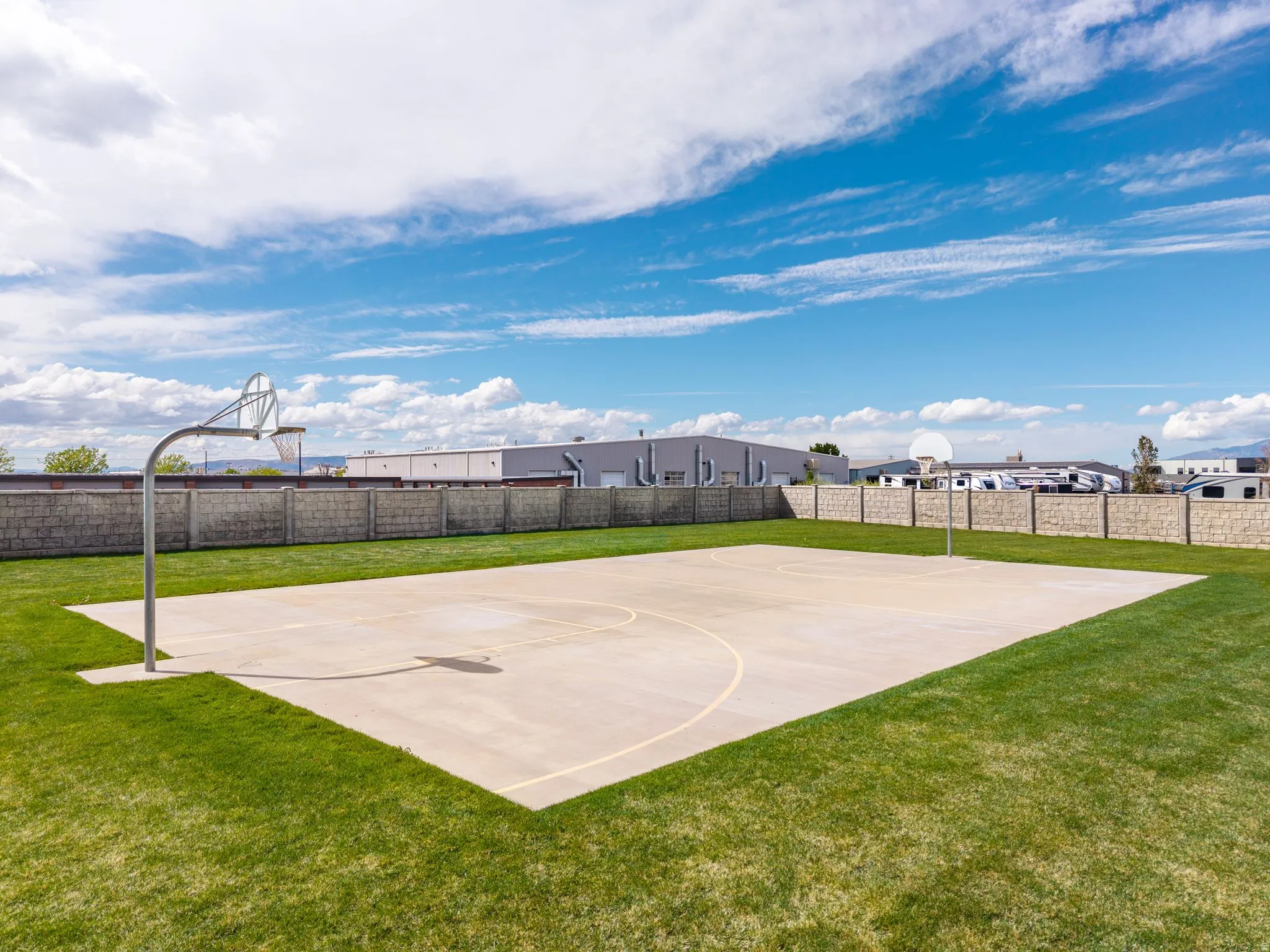 View of basketball court with basketball hoop