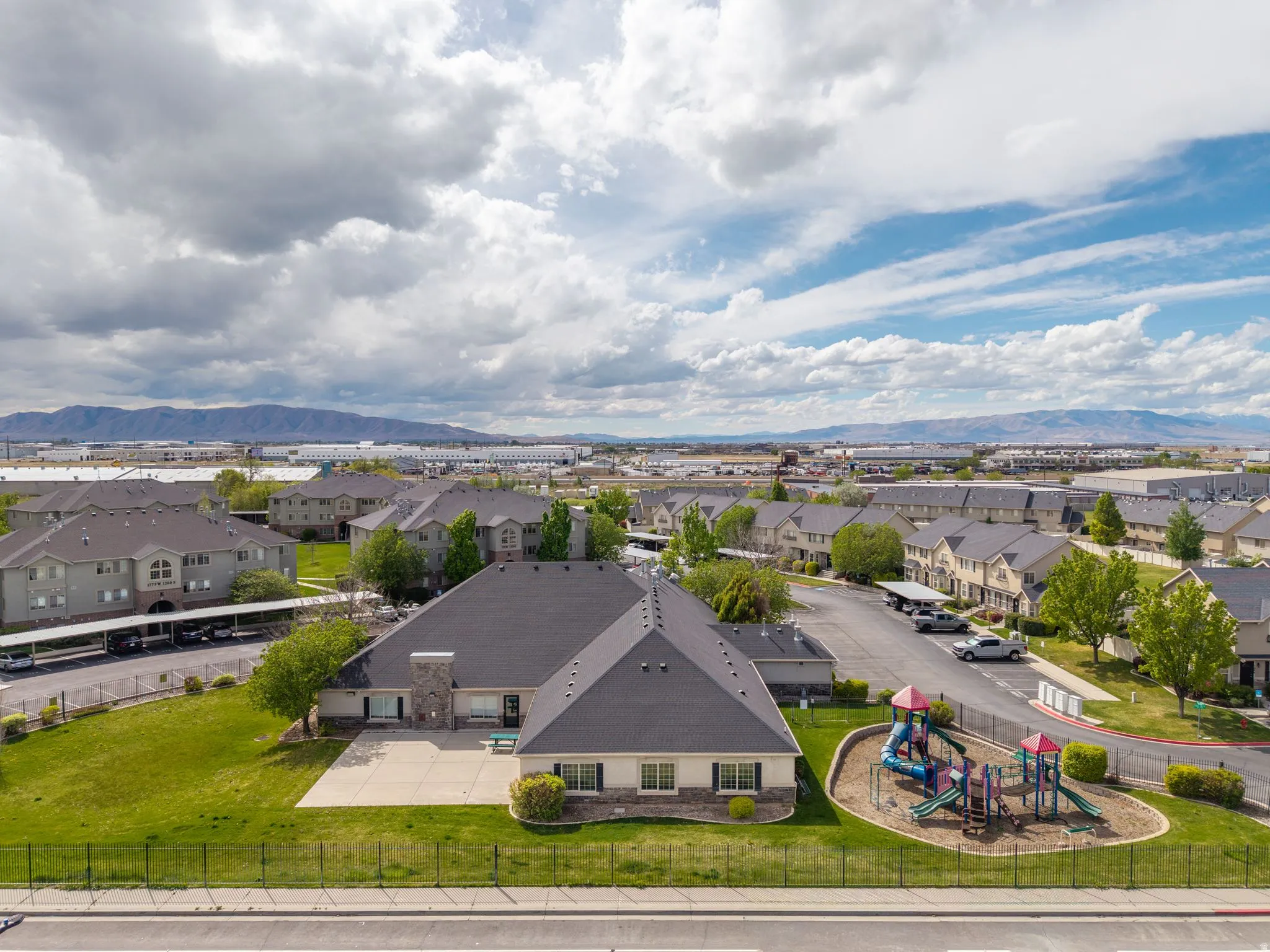 Aerial view of residential area with a mountain backdrop