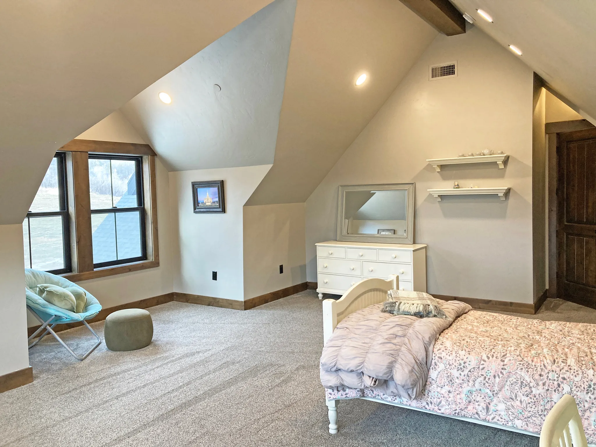 Bedroom featuring light colored carpet and recessed lighting
