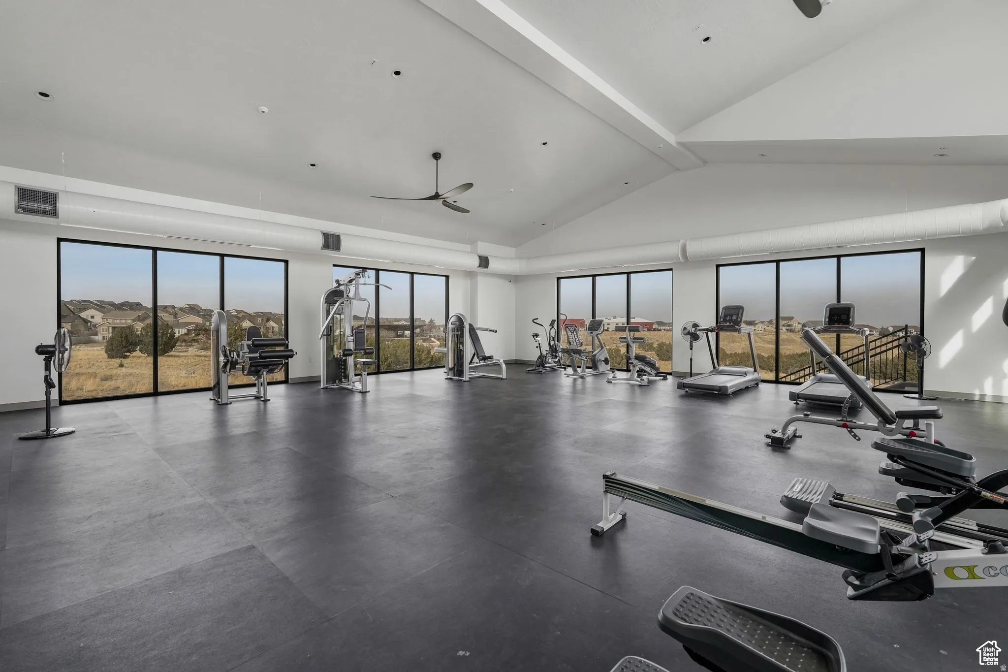 Workout area with a ceiling fan and vaulted ceiling