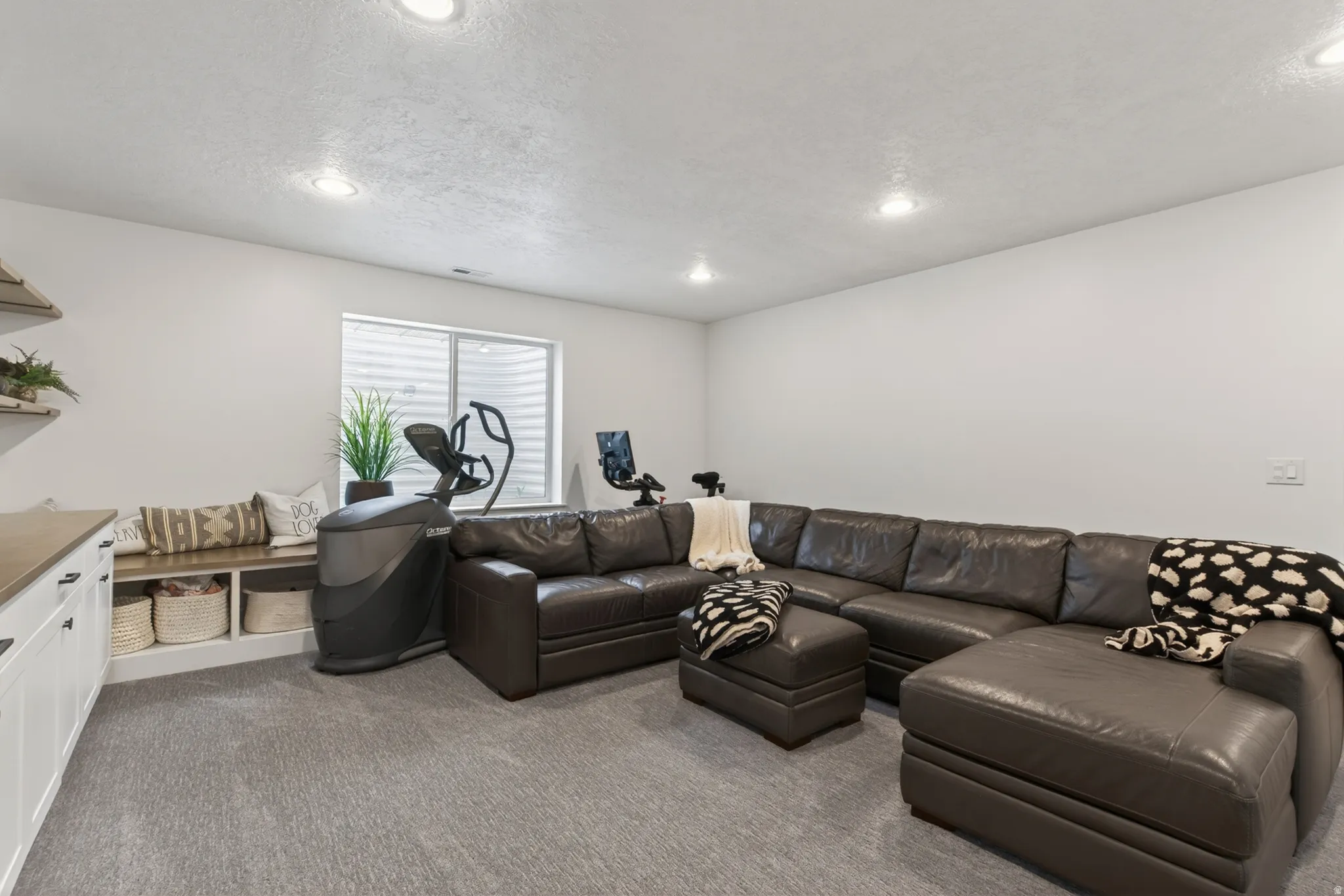 Living area featuring carpet, recessed lighting, and a textured ceiling