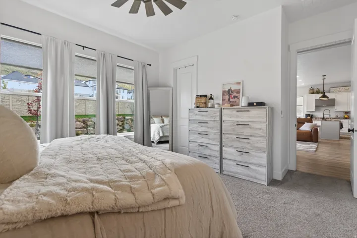 Spacious bedroom featuring multiple windows with roller shades, light grey carpeting, white painted trim, and a ceiling fan