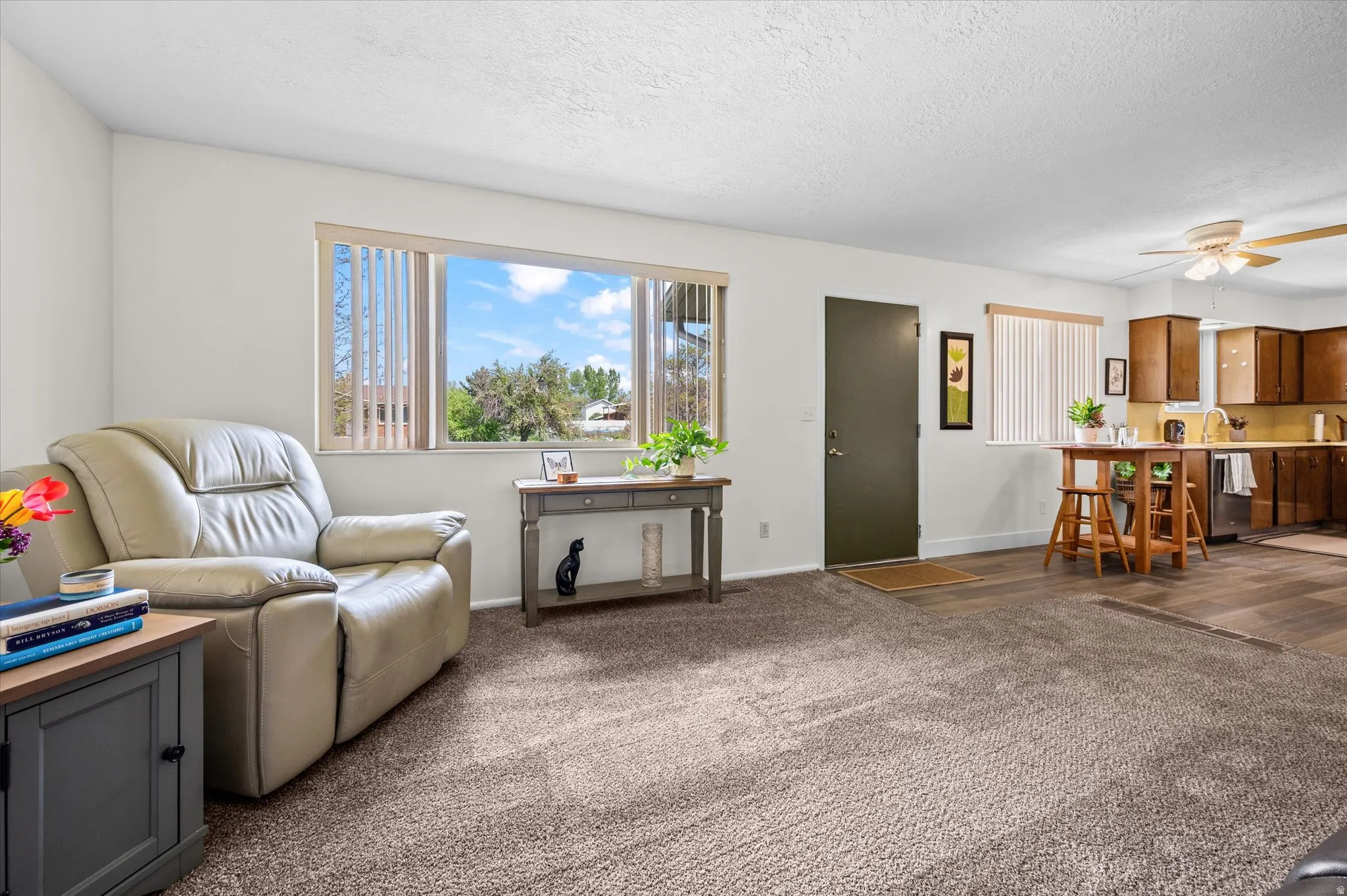 Living area featuring a ceiling fan, dark colored carpet, and a textured ceiling